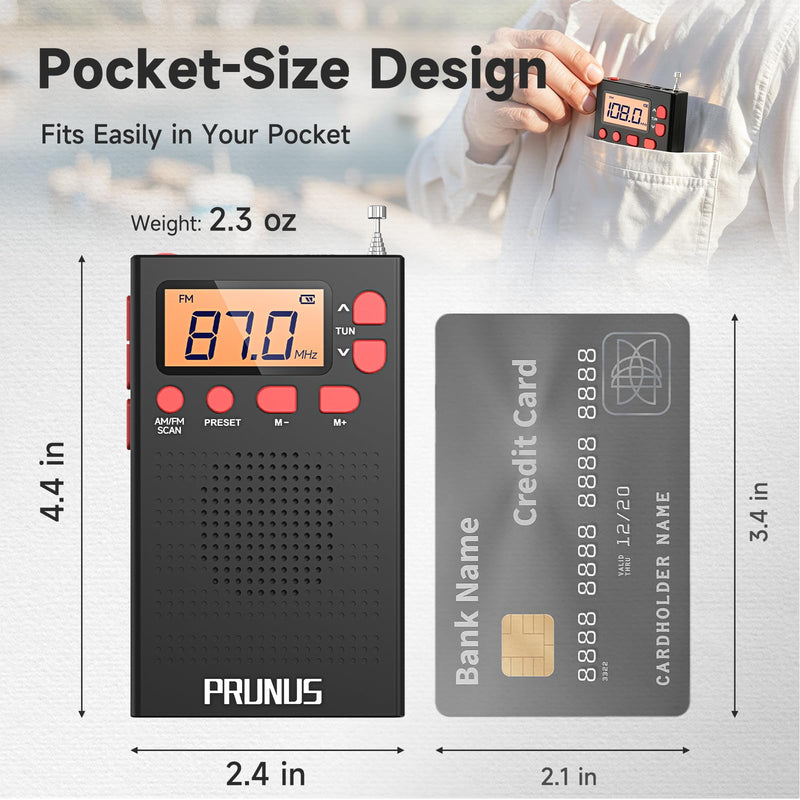 PRUNUS J-125 Pocket AM FM Radio Portable Mini Radio with Stereo Earphone | Battery Operated Radio by 2 AAA, Manual Preset, Lock Key, Walk man Radios Digital Radio for Hiking, Travel
