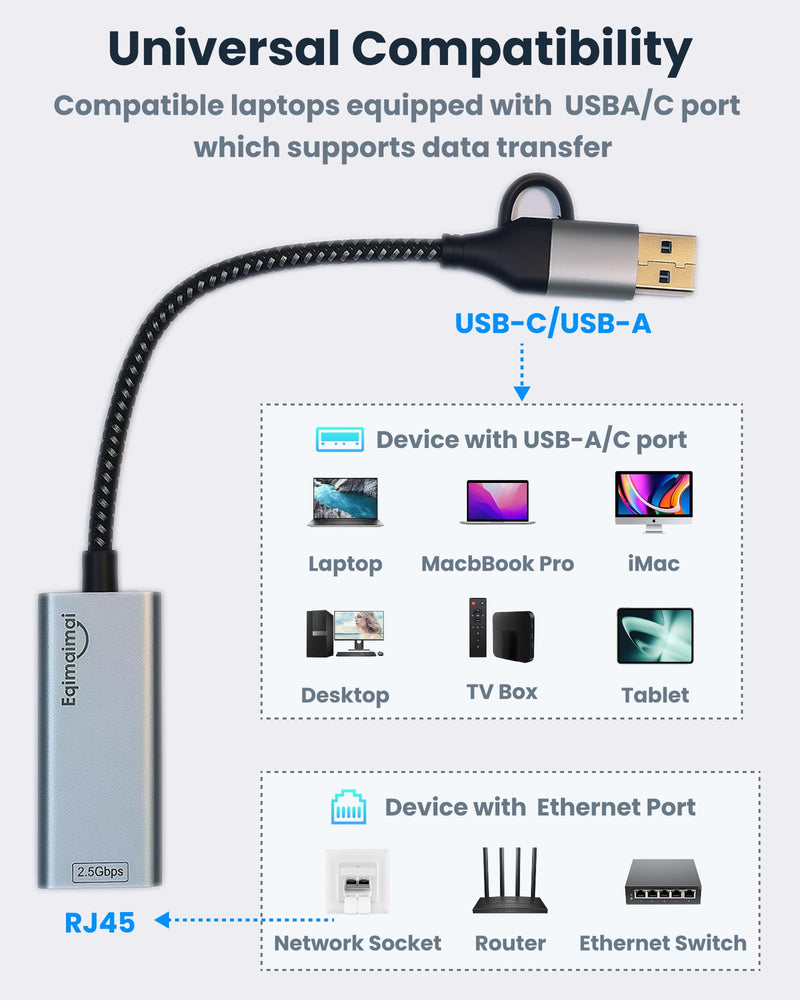 2.5G USB Ethernet Adapter 2-in-1, Aluminum Fast USB-C&USB-A to RJ45 Network Adapter Compatible with Laptop/PC, Windows, Mac, Linux,Plug & Play 2.5G USBA+USBC TO RJ45