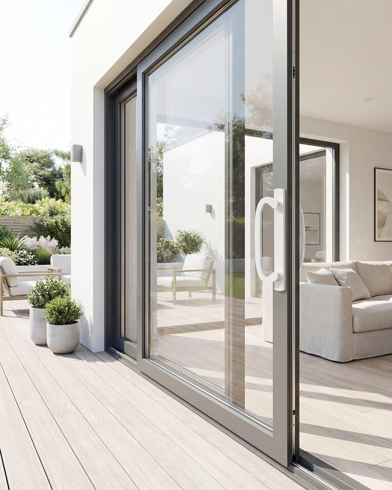 Offset Position Non-Keyed Sliding Patio Door Handleset, 45° Keyway 3-15/16" H.C., Fits 1-3/8" to 2-1/4" Thick Doors, White Diecast with Mortise Lock｜Off Center Thumb Latch Non Keyed-With Latch Lock+Keeper