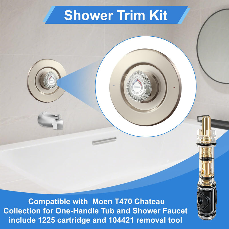 Shower Trim Kit, Compatible with Moen T470 Chateau Shower Trim Kit, With Dual Seal Replacement Cartridge, Escutcheon, Shower handle, Tubes and Screws (Brushed Nickel) Brushed Nickel