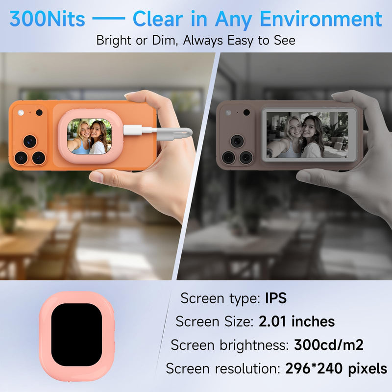 Vlog Selfie Monitor Screen for iPhone & Android, Magnetic Selfie Monitor | 2.01" IPS Compact Portable Back Camera Monitor, Wireless Monitor for Vlog, TikTok and Live Streaming（Pink） Pink