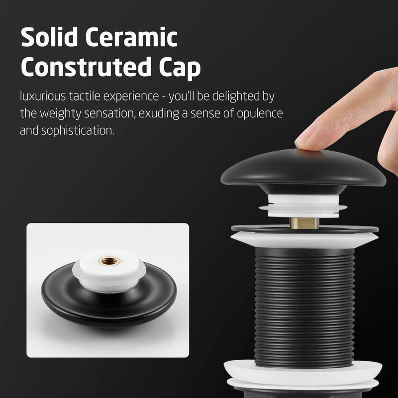 KES Solid Ceramic Cap Bathroom Sink Drain Without Overflow, Pop Up Drain for Bathroom Sink, Ceramic Bathroom Sink Stopper, All-Metal Body Matte Black, S2008D-CB for NO overflow sink