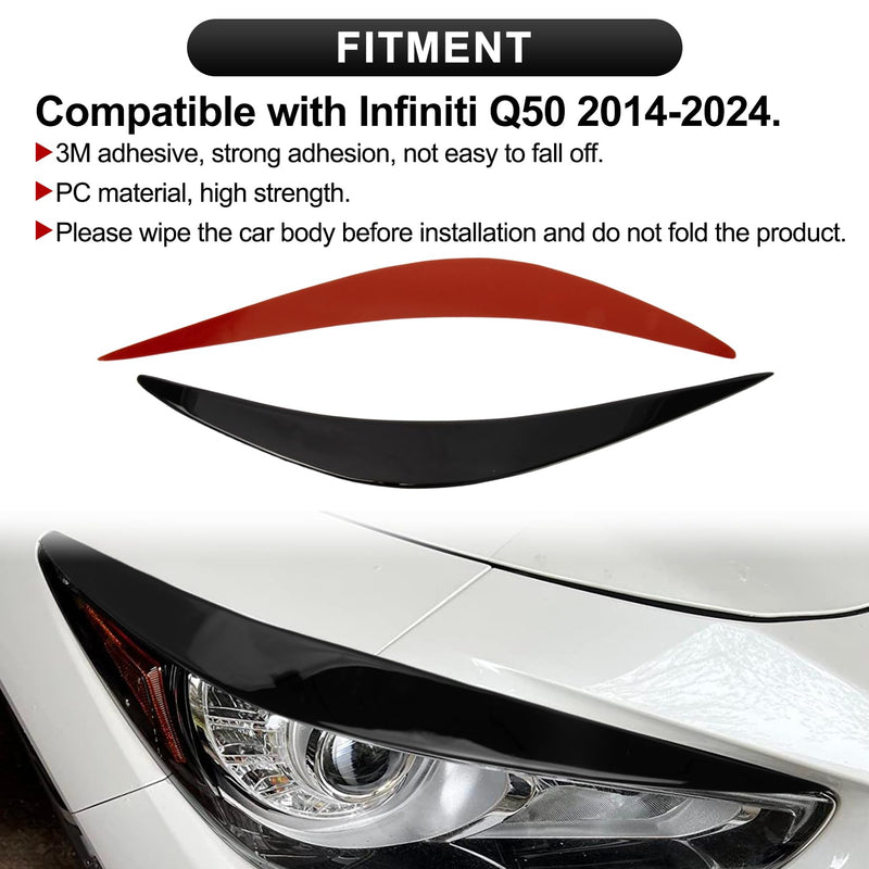 Glossy Black Q50 Eyelid, PSLER Headlight Eyelids Headlight Eyebrows Trim Front Headlight Cover Eyebrow Decoration Front Lamps Sticker Compatible with Infiniti Q50 2014 2015 2016 2017 2018 2019-2024