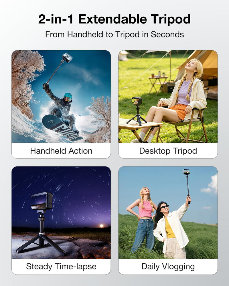 llano 16" Magnetic Action Camera Tripod for Insta 360 Ace pro 2/1, X5, X4, Mini Tripod with Magsafe Quick Release Adapter, Small Selfie Stick, 360° Ball Head, Portable, Lightweight, Black
