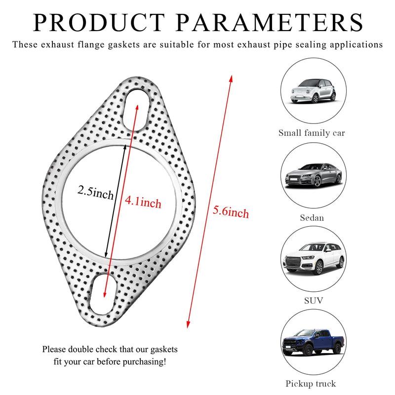 2 PCS Car Exhaust Gasket, 2.5 Inch 2-Bolt Exhaust Flange Gasket Replacement, Standard Exhaust Manifold Gasket Made of High Temp Gasket Material, Universal Car Accessories (2.5 Inch)
