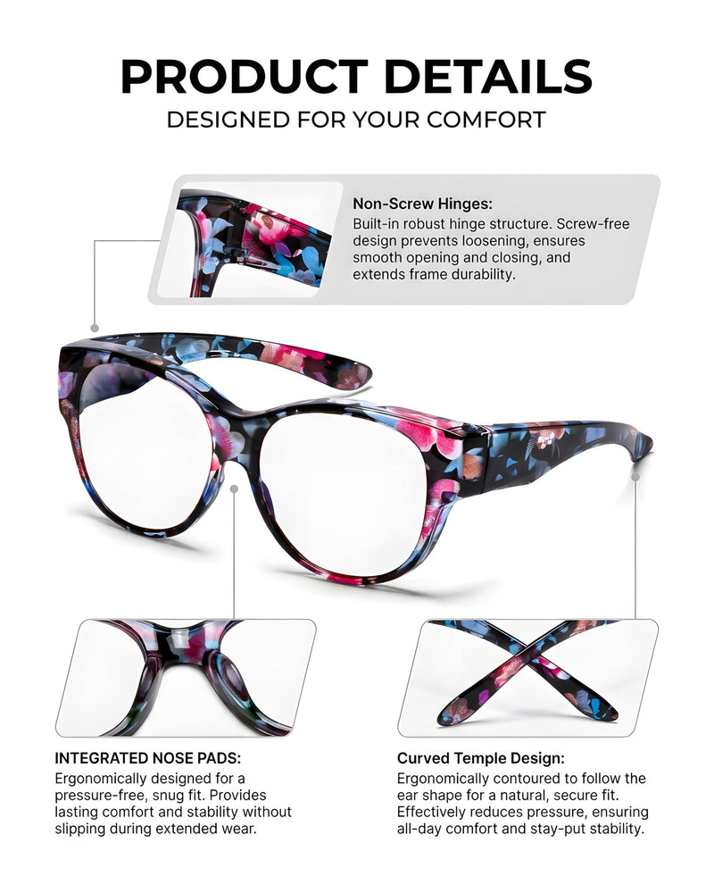 OptiCraft Blue Light Blocking Glasses Wear Over Prescription | Alleviate Eye Strain & Reduce Headaches, Round Lightweight Oversized Design, Ideal for Office Work and Daily Use A01 Floral / Clear