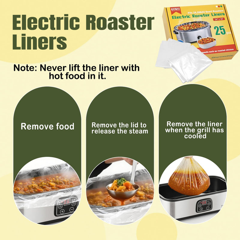 25 Count Electric Roaster Liners, Not Suitable for Baking, 34" × 18" Roaster Liners Disposable, Fits 16, 18, and 22 Quart, Up to 350° F, High Temperature Resistant Stew Cooking Bags, Food Grade Nylon 25