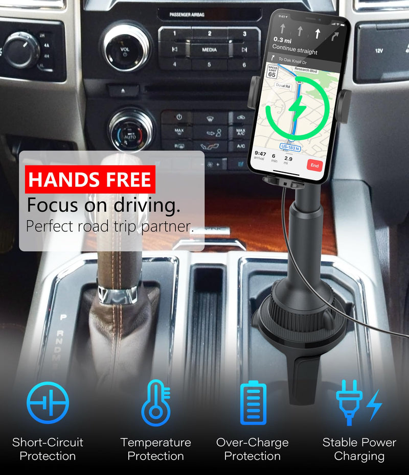 APPS2Car 15W Qi Wireless Car Charger Solid Cup Holder Mount, Adjustable Long Arm & 360° Rotation, Fits 3"–4" Round Cup Holders, Works with Cases ≤ 4 mm (No Metal Attachments) Upgraded Wireless Charger