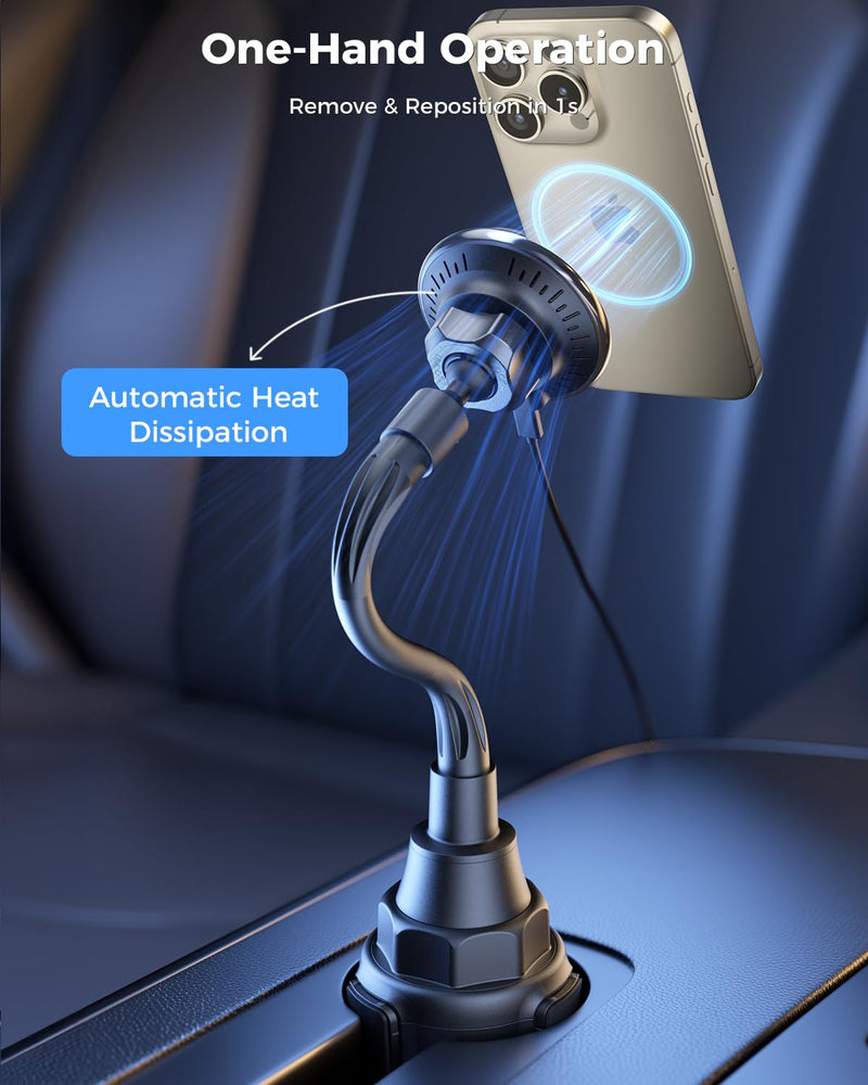 15W MagSafe Car Charger Cup Holder Mount for iPhone | MagSafe Car Mount Charger 15W Fast Charging with Adjustable Gooseneck for iPhone 17 16 15 14 Pro Max Plus Mini MagSafe Case