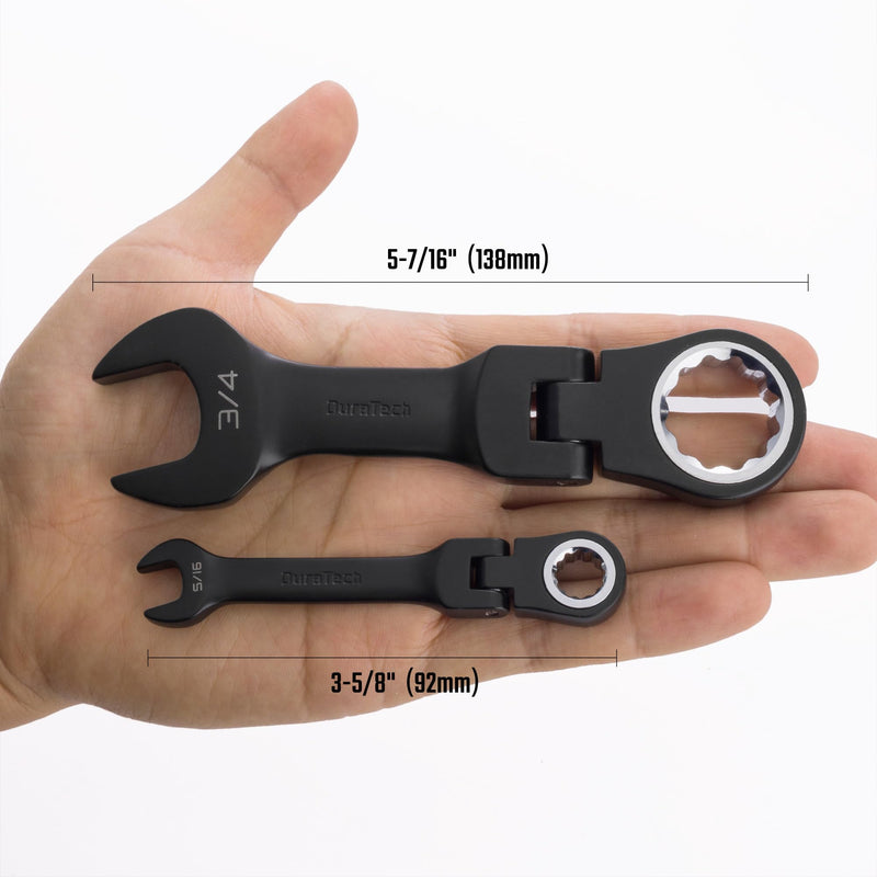 DURATECH Stubby Flex-head Ratcheting Combination Wrench Set, SAE, 8-piece, 5/16" to 3/4", CR-V Steel, Black Electrophoretic Coating, with Rolling Pouch