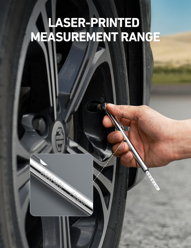 AstroAI Pencil Tire Pressure Gauge 2 Pack (10-75PSI, 10-120PSI ±2% Span), Valve Caps with Case, Stainless Steel Body, and Metal Made Nozzle 3 Measurements for Cars, Bikes, Vehicles, Pickups Standard Orange
