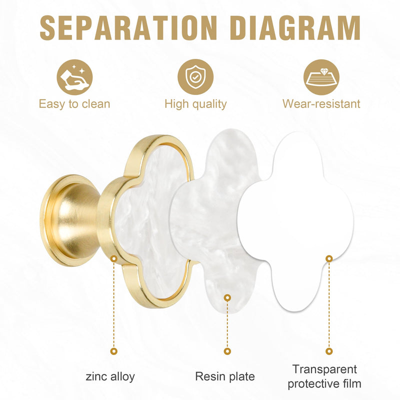 Clover Cabinet Knobs, 10 Pack 33mm Brushed Gold Drawer Knobs with White Pearl-Look Inlay, Decorative Gold Knobs for Kitchen Cabinets, Drawers & Dressers