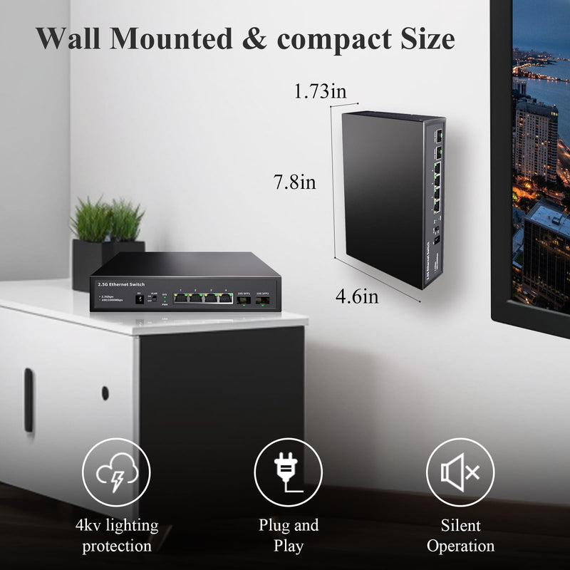 6 Port 2.5GB Ethernet Switch Unmanaged Network Switch | 4 x 2.5 Gigabit | 2 x 10G SFP+ | Multigig Switch 10-100-1000Mbps | 60G Bandwidth | Plug & Play | Fanless Metal Ethernet Switch 6 ports |4*2.5G+2*10G SFP