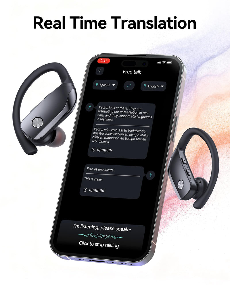 bmani Ear Buds Wireless Earbuds Bluetooth Headphones with 80H Playtime LED Display Case, Over-Ear Hook with Mic, Stereo Sound, Easy Button Controls, Sports Earphones for Running Workout Gym Black AI Buds Pro