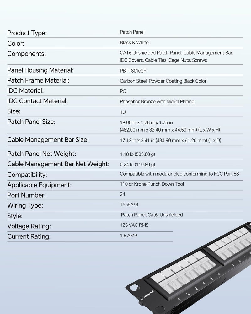 VCELINK 24-Port CAT6 Unshielded Patch Panel with Dust Cover, 1U RJ45 Rackmount Panel with Detachable Cable Management Bar for CAT5/5E/6 Cabling