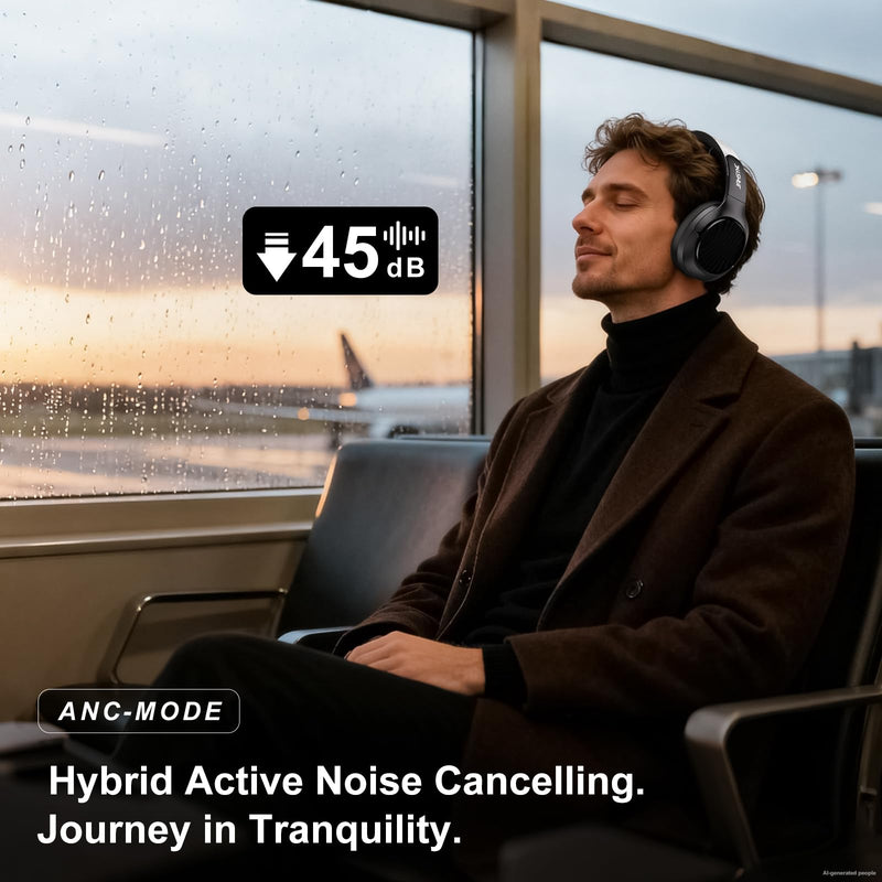 Wireless Noise Cancelling Headphones, 120H Playtime, Over Ear Headphones | 45dB Hybrid active passive noise cancelling headphones, Bluetooth 6.0, balanced sound, soft ear cups, 120H travel office