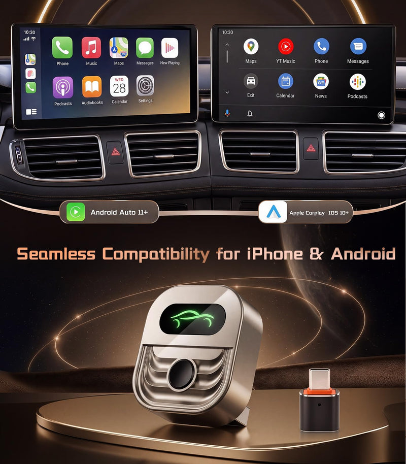 2026 Upgraded Wireless CarPlay Adapter for iPhone & Android Auto | One-Click Switch, Fast Auto-Connect, Alloy Apple Bluetooth CarPlay Adapter, Plug & Play for 1000+ Vehicles, USB-A/C Included