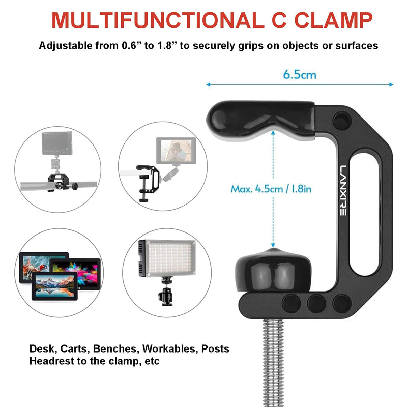 Camera Mount Clamp with Mini Magic Arm - 1/4" and 3/8" Threaded Holes - for Camera, Action Camera, Flash, Light, Microphone, Camera Clamp Adapter for Canon, Nikon, Sony, Panasonic, Blackmagic