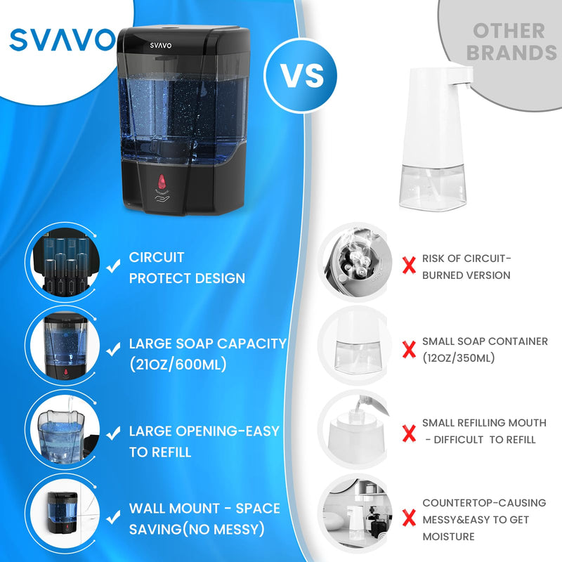 SVAVO Automatic Soap Dispenser Hand Soap Dispenser Wall Mount 600m/21 fl.oz, Touchless Electric Sensor Pump Battery Operated for Offices Home Kitchen Bathroom Hotel Restaurant Commercial Black 600ml