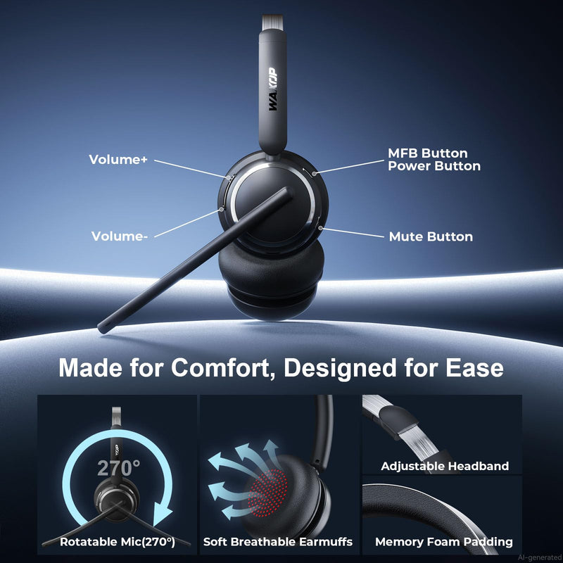 Wireless Headset with Mic for Work, USB A/C Dongle, Bluetooth 6.0 Headset with AI Noise Cancelling Microphone, Wireless Headphones with Mic Mute & 65H, Wireless Headset for PC/Computer/Laptop/Teams Black