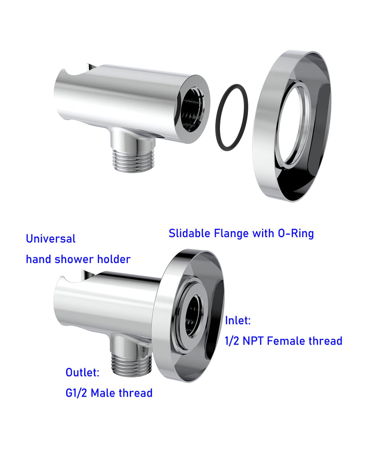 Wall Supply Elbow with O-Ring Flange, Tapered 1/2 NPT Female Inlet, Solid Brass Wall Union W/Handshower Holder, Round Wall Supply Elbow W/Hand Shower bracket, Polished Chrome, G1/2 Outlet