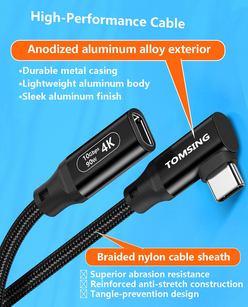 Right Angle USB C Extension Cable（90W/10Gbps/4K@60Hz）,16.4FT,Type-C Male to Female,Extension Charging & Sync for Playstation, Xbox, Flash Drive, Printer, Camera and More（Black） 16.4FT（90W/10Gbps) Black(Braided) 1