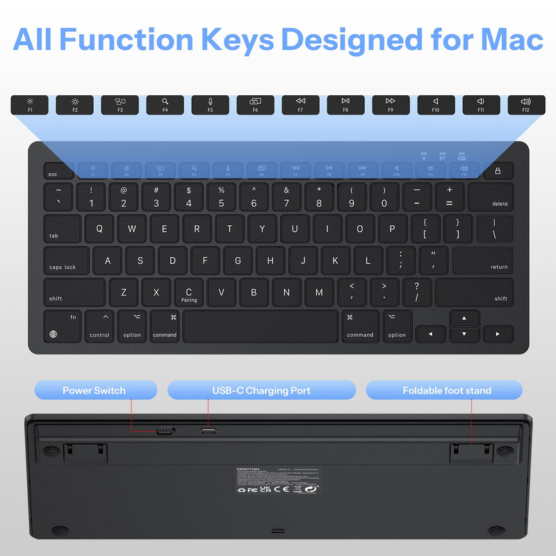 OMOTON Wireless Keyboard for Mac, USB-C Rechargeable, Bluetooth ONLY | No Number Pad, Ergonomic Tilt, 14 macOS Hotkeys, For Backpack Travel Home Office, for MacBook/iMac/Mac mini/Neo, Ink Black
