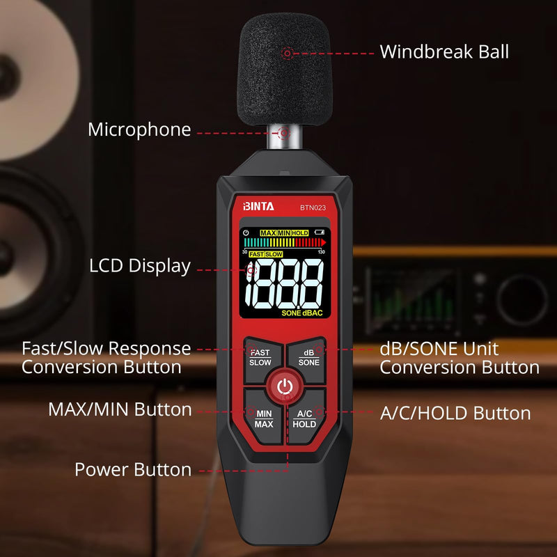 BINTA Decibel Meter, Digital Sound Level Meter with A/C Weighted, Portable SPL Tester 30-130dB Noise Measure with Backlit LCD Display, Max/Min, dB/SONE Unit, Data Hold for Home Office Factory Neighbor