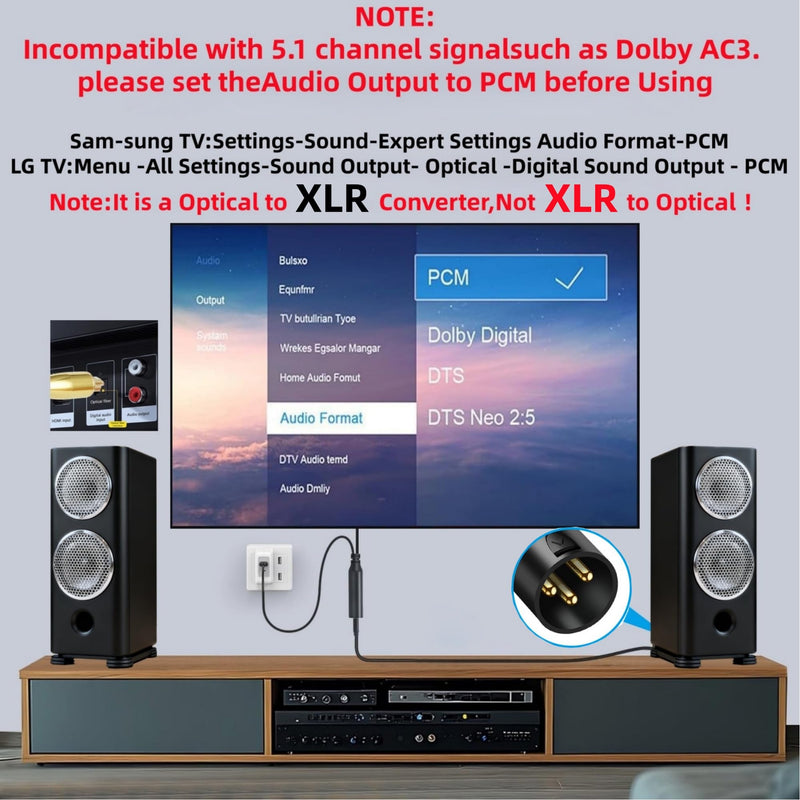 192KHz DAC Optical to XLR Converter,Optical Audio Cable to AUX Cable Adapter,Digital to Analog Audio Converter for HDTV DVD Set-top Boxes Out to Speaker Audio Mixer(Unidirectional O-ptical to XLR) 3.3FT