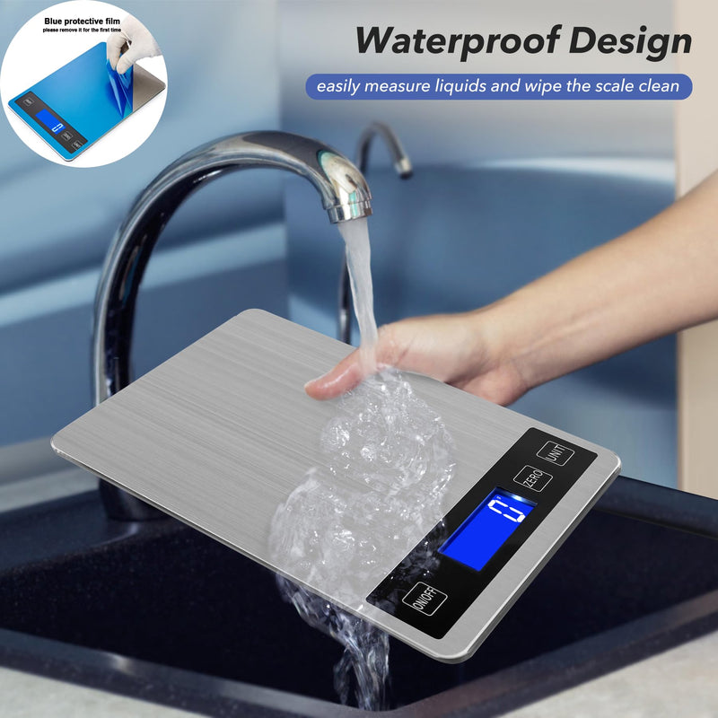 33lb Food Kitchen Digital Scale,1g/0.05oz Precise Graduation, USB Charging Kitchen Scale, Waterproof Stainless Steel with LCD Display, Ounces and Grams for Weight Loss, Cooking, Baking (Silvery) silvery