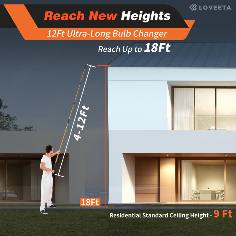 LOVEETA® Gen2 12Ft [18Ft Reach] Lightweight Extendable Light Bulb Changer Pole for High Ceilings – Telescopic Light Bulb Pole Changer with Bulb Gripper - Champagne Gold 12Ft (18Ft Reach)