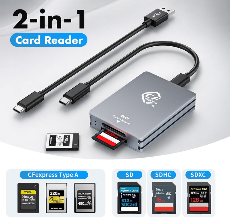 CFexpress Type A & SD Dual-Slot Card Reader, 10Gbps USB 3.2 Gen 2 Adapter | Comes with USB-C/USB-A Cables, aluminum heat-dissipating shell, plug & play, compatible with Windows, Mac, Linux & Android
