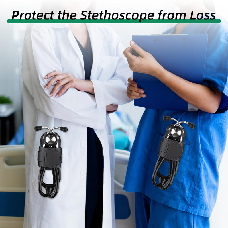 Stethoscope Holder Clip -PU Black Leather Stethoscope Clip | for Scrubs, White Coats, Belts
