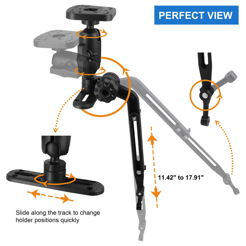 Kayak Fish Finder Mount with Transducer Mounting Arm, 1.5" Ball Marine Electronic Mount for Boat Track, Universal Mounting Plate, Compatible with Scotty, Lowrance, Garmin Fish Finders