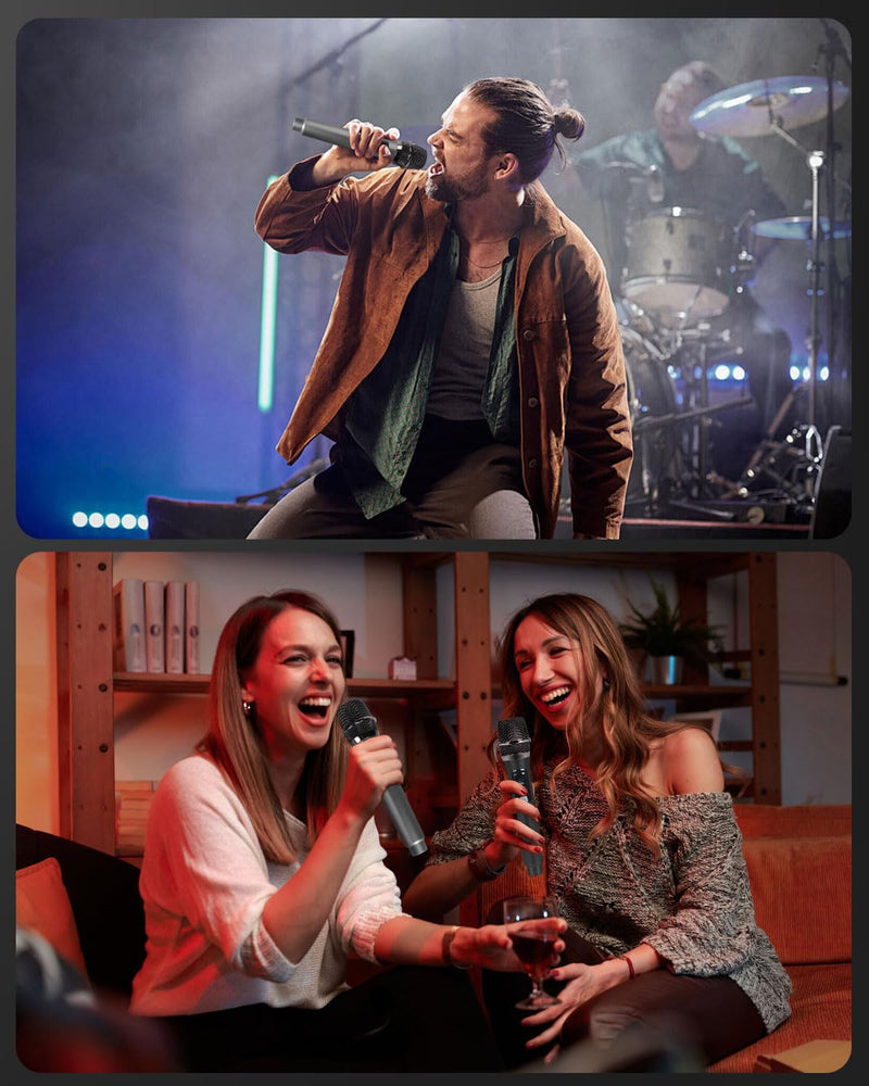 Wireless Microphone Set for Singing, Speech & Events, 2.4GHz Dual Cordless Mics with Rechargeable Receiver, 200ft Range, Metal Mic 2-Pack for Karaoke, Party, PA Systems（Black） Black