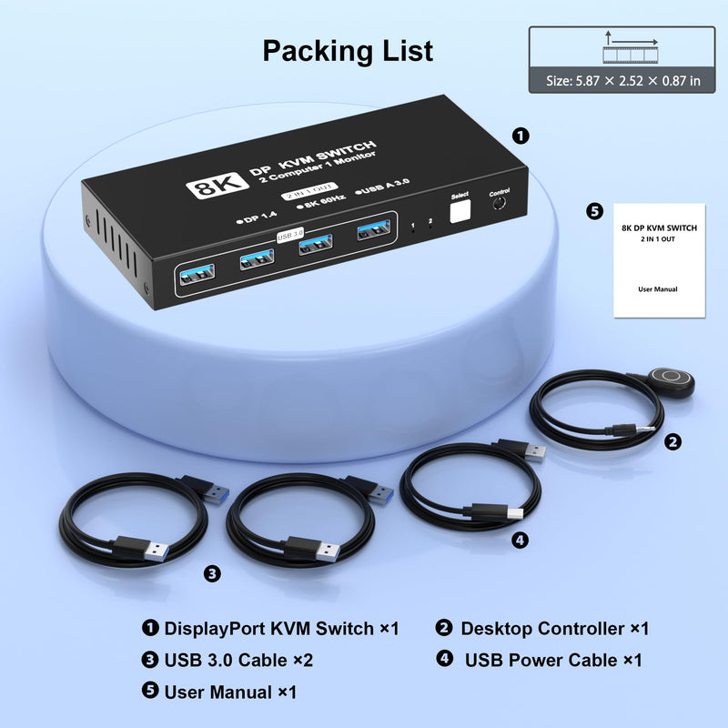 8K@60Hz DisplayPort KVM Switch 1 Monitors 2 Computers, USB KVM Switches with 4 USB 3.0 Ports Sharing Keyboard Mouse Printer, Display Port Switch 2 in 1 Out, Monitors Switcher for 2 Computers