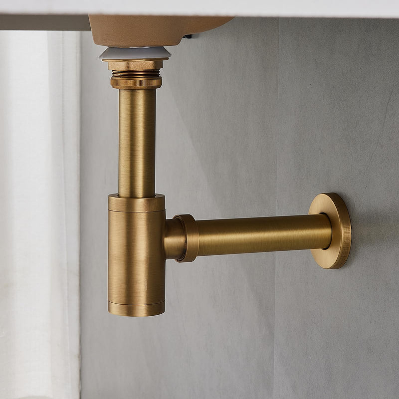 Solid Brass Adjustable 1-1/4 Bottle Trap with Overflow Drain Stopper Set, Bathroom Sink P-Trap Complete Set Sink Drain Kit Tube, Antique