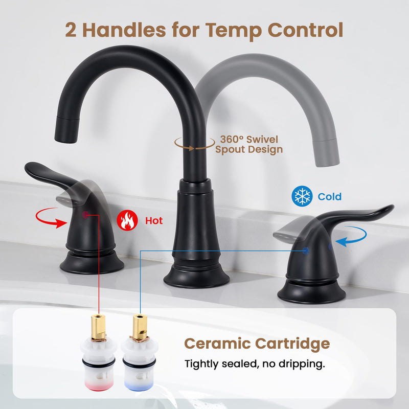 Matte Black Widespread Bathroom Faucet 3 Hole, 8 Inch Adjustable Bathroom Sink Faucet with Pop-Up Drain & Supply Lines, Dual Handle 360° Swivel Spout, Modern Design 1 Pack Matte Black