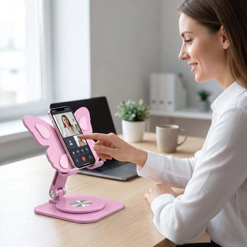 Butterfly Cell Phone Stand for Desk, Aluminum Alloy 360° Rotating Phone Holder, Height & Angle Adjustable Foldable Desktop Dock, Universal Anti-Slip for Smartphones Tablets Home Office Travel Pink