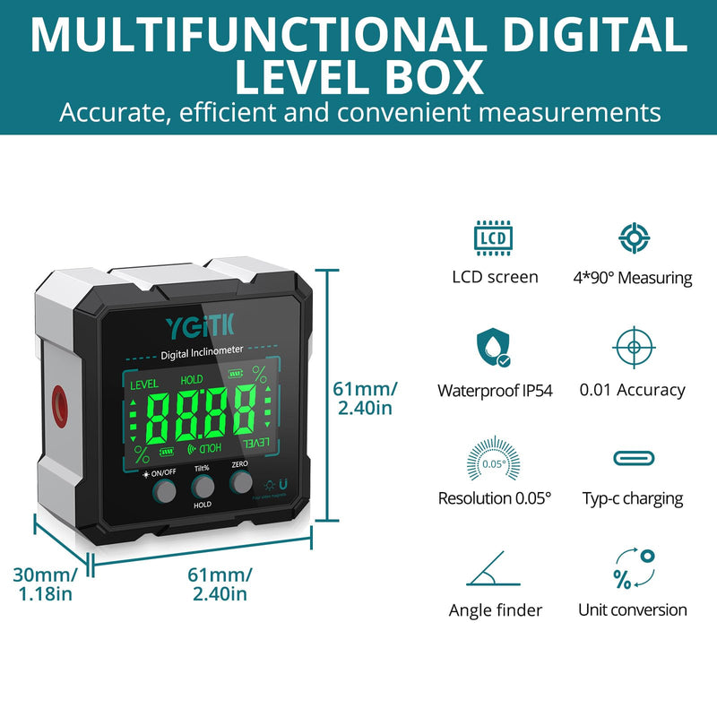 Digital Angle Finder with Laser, 4-Side Magnetic Digital Angle Gauge Level Box Inclinometer, USB Rechargeable High Precision Measuring Tool for Woodworking, Table Saw (Class II output <1mW) Black