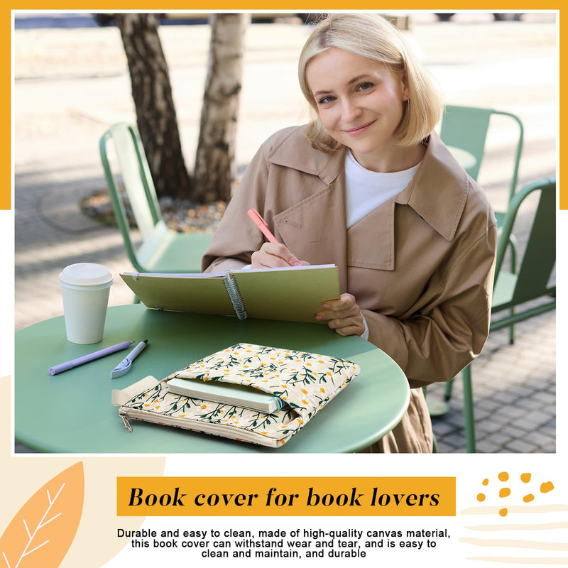 2 Pcs 12''x9'' Embroidered Daisy Book Sleeve with Handle Zipper for Women Washable Fabric Flower Book Sleeve Pouch for Paperbacks Hardcover, Christmas Gift for Reader Teacher