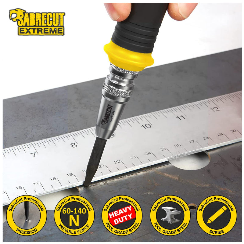 1 Piece SabreCut AHPSC01 Heavy Duty Automatic Spring Driven Centre Hole Punch with Adjustable Strike Force 60-140 Newtons Suitable for Metal Wood Plastic and many other materials