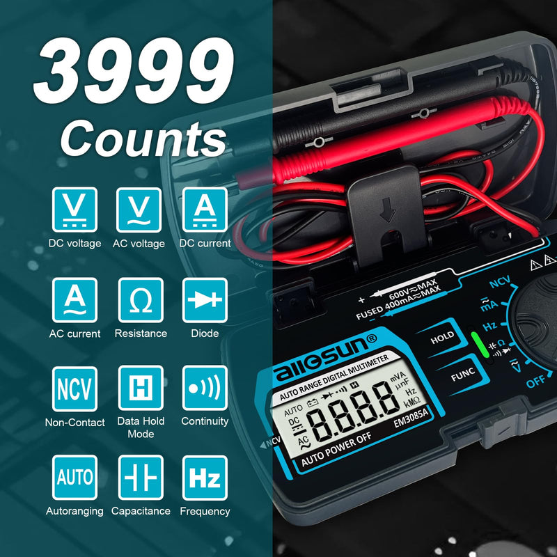 ALLOSUN Digital Multimeter Pocket Size DC AC Voltage Current Tester NCV Ohm Capacitance Frequency Diode and Continuity Test Auto Range (EM3085A (Upgraded)) EM3085