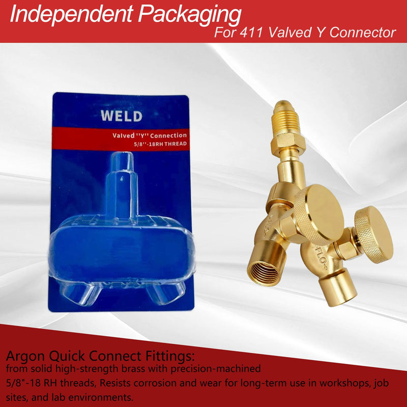 411 Valved Y Connector for Argon & Inert Gas welding, Argon Hose Fittings with Dual Shut Off Valve, 5/8" 18 Male Female Argon Gas Y Connector for Welding, MIG & Purge, Brass, 200 PSIG,Argon Y Valve