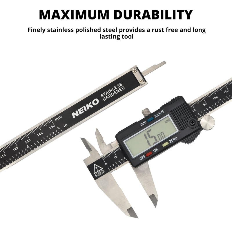 NEIKO 01407A Electronic Digital Caliper Measuring Tool, 0 - 6 Inches Stainless Steel Construction with Large LCD Screen Quick Change Button for Inch Fraction Millimeter Conversions, Digital Caliper Measuring Tool 6 Inch
