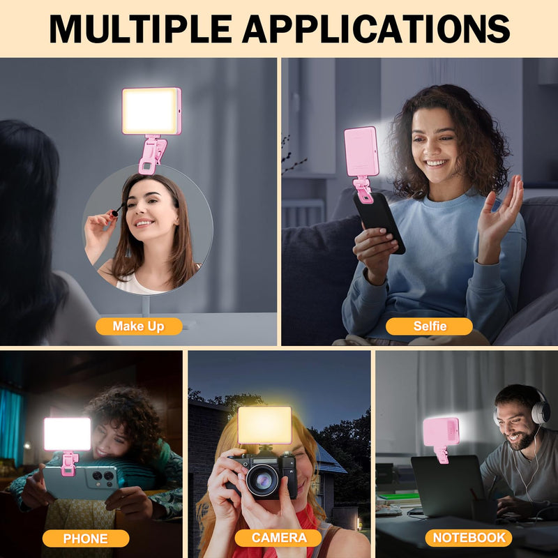 120 LED Selfie Light for iPhone, Portable Phone Light with Clip & Camera Tripod Adapter - 5000mAh Rechargeable, 3 Lighting Modes, CRI 97+ for Video Recording, TikTok, Tripod Mount Rings Pink