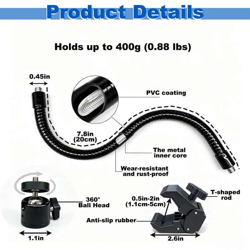 20cm Gooseneck Clamp Camera Mount with 1/4" Screw & 360° Ball Head | Flexible Clip Mount for Handlebar, Desk, Tube, Cross Bar – Compatible with GoPro, Ring, Google Nest, Wyze, Arlo