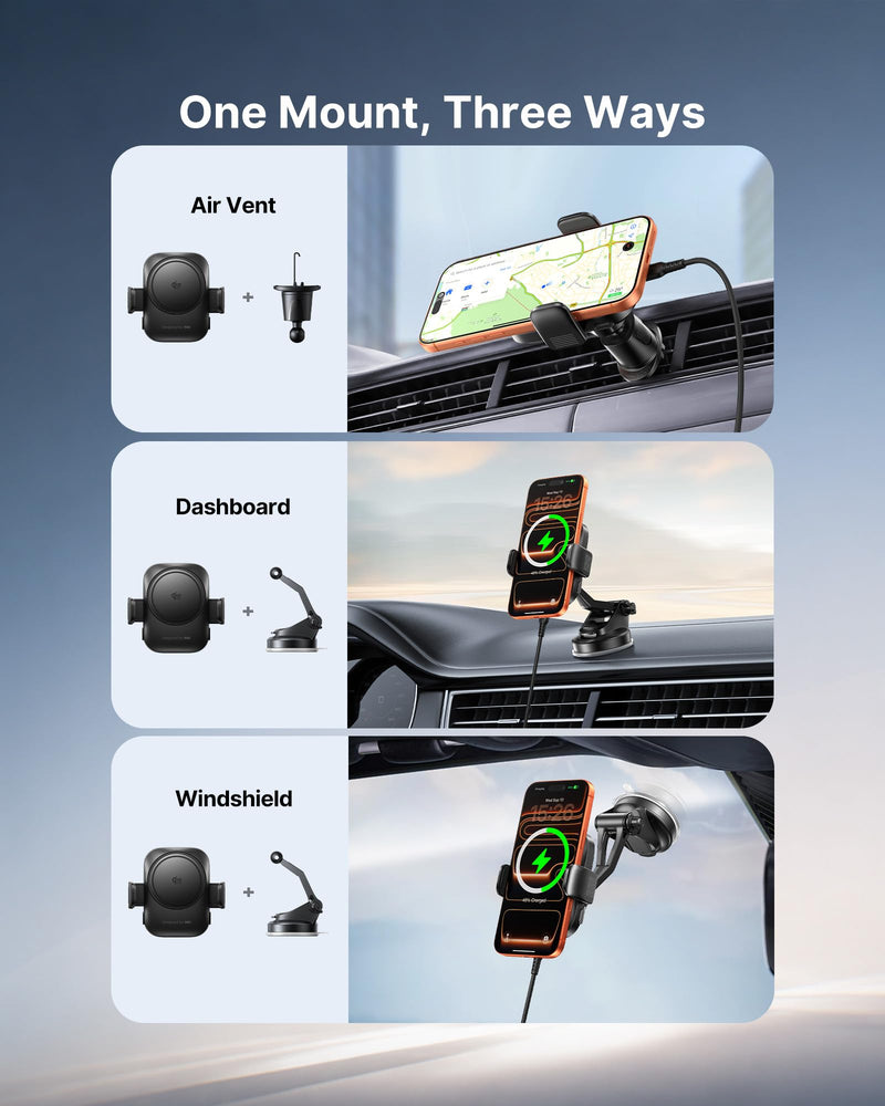 INIU MagSafe Car Mount Charger, Original Qi2.2 Certified 25W Fast Charging | 3-in-1 Magnetic Wireless Charger, Cooling Fan to Extend Battery Life, Extra Clamp for Bumpy Road, for iPhone 17-12 Series