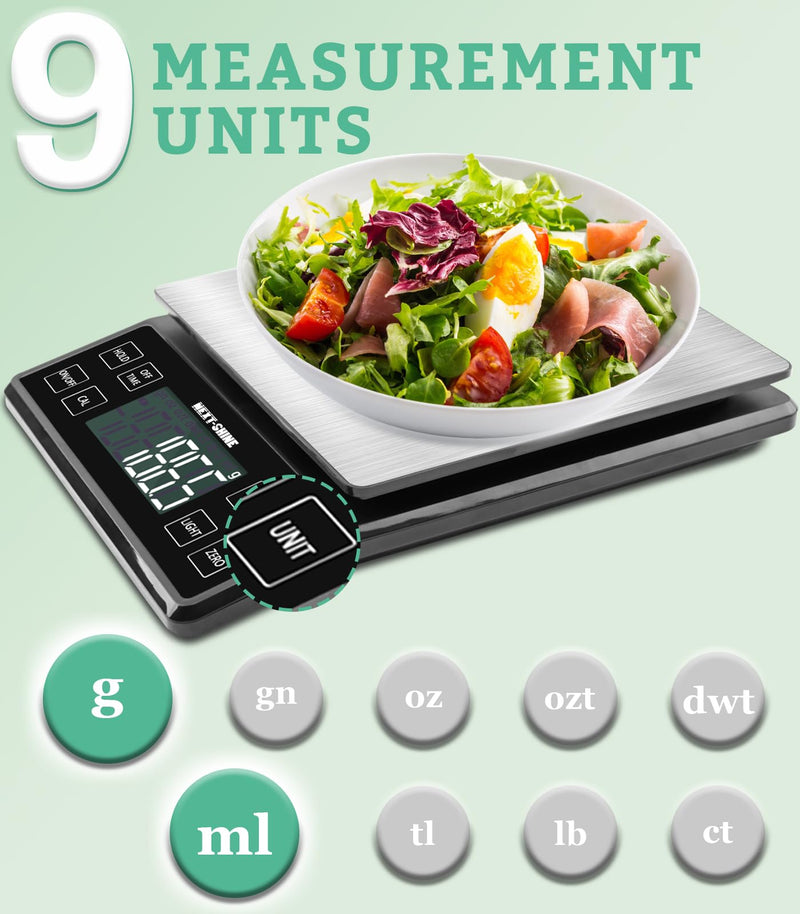 NEXT-SHINE Food Kitchen Scale 11lb, 0.1g/0.01oz Precise Graduation Rechargeable Digital Scale with Nine Units Large Tray Stainless Steel Platform LCD Display for Meal Prep Cooking Baking Black