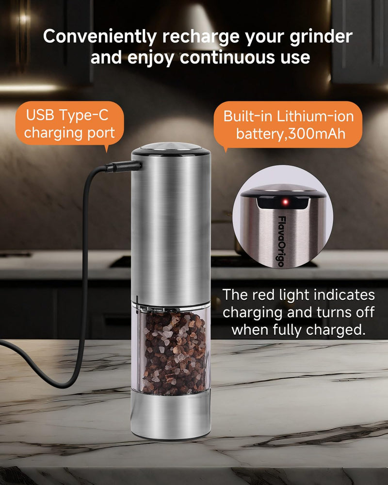 USB-C Rechargeable Electric Salt & Pepper Grinder Set - External Adjustable Coarseness (6 Settings), Large Capacity, Dual-Speed Control, One-Hand, LED, Stainless Steel (2 Pack)